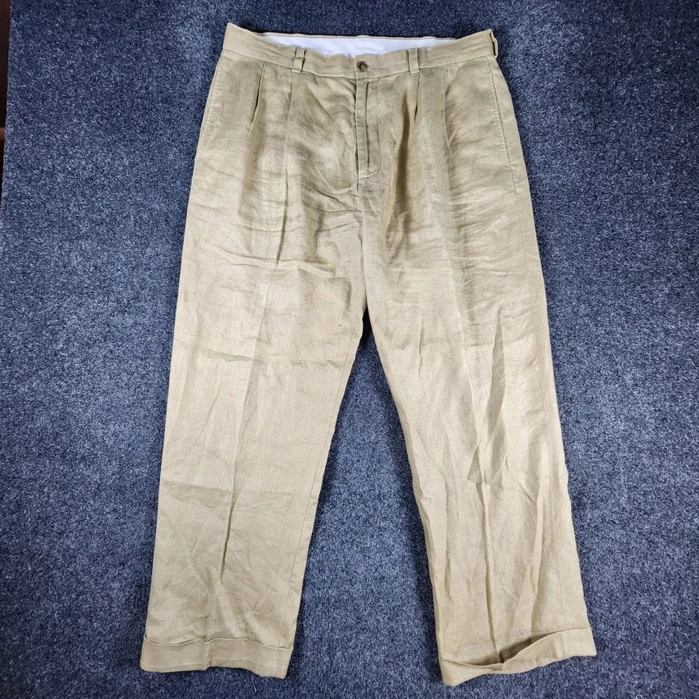 Brooks Brothers 346 100% Linen Pleated Cuffed Dress Pants Mens 35x30 Khaki Tan